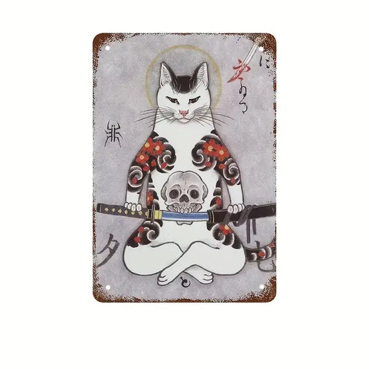 Targa in metallo con gatto Irezumi Samurai