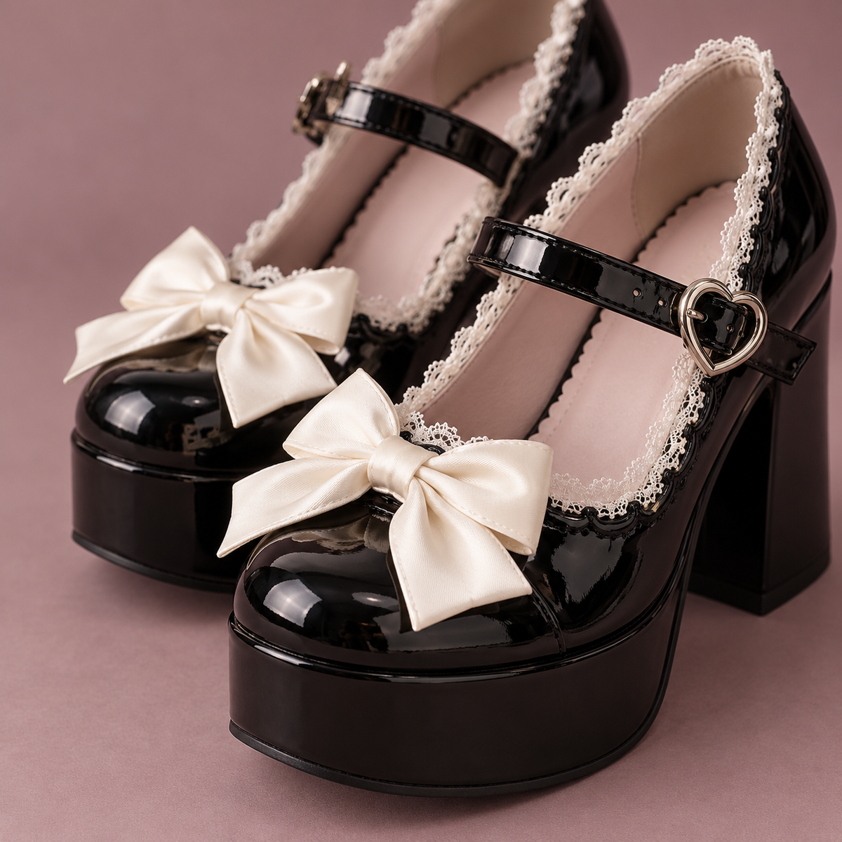 Midnight Ribbon Lolita Mary Jane platforms, bow and buckle detail
