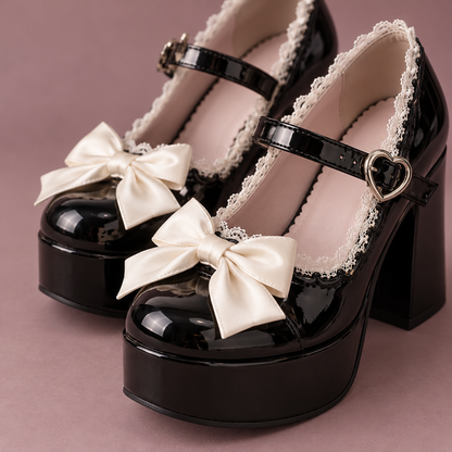 Midnight Ribbon Lolita Mary Jane platforms, bow and buckle detail
