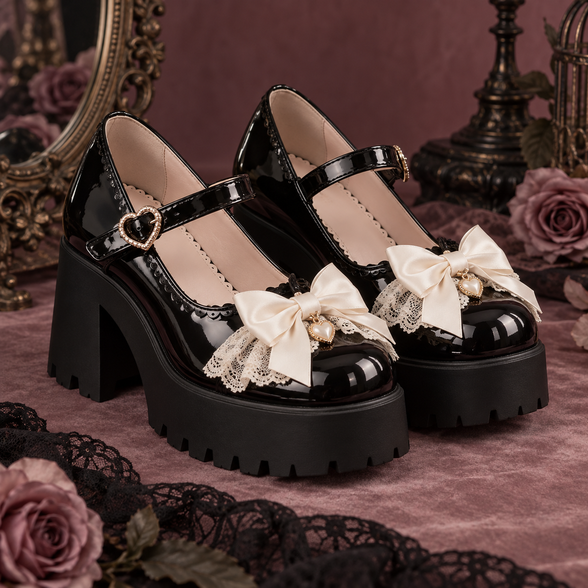 Midnight Ribbon Lolita Mary Jane platforms, front product view