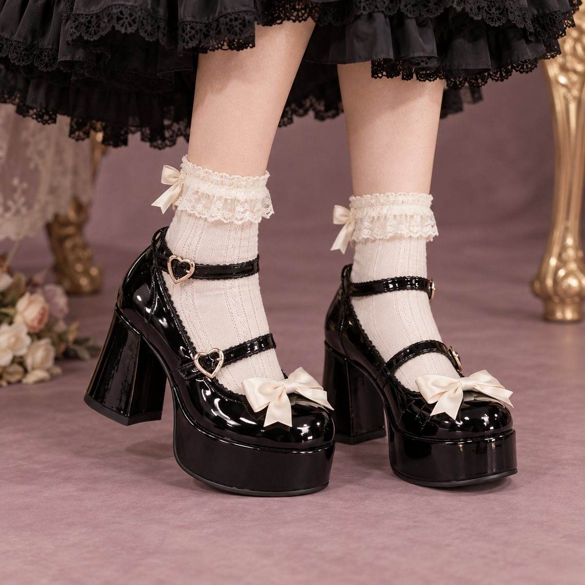 Midnight Ribbon Lolita Mary Jane platforms styled with lace socks