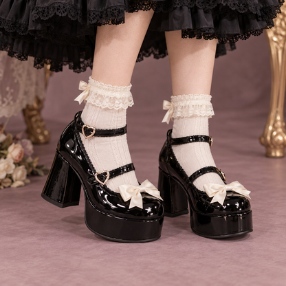 Midnight Ribbon Lolita Mary Jane platforms styled with lace socks
