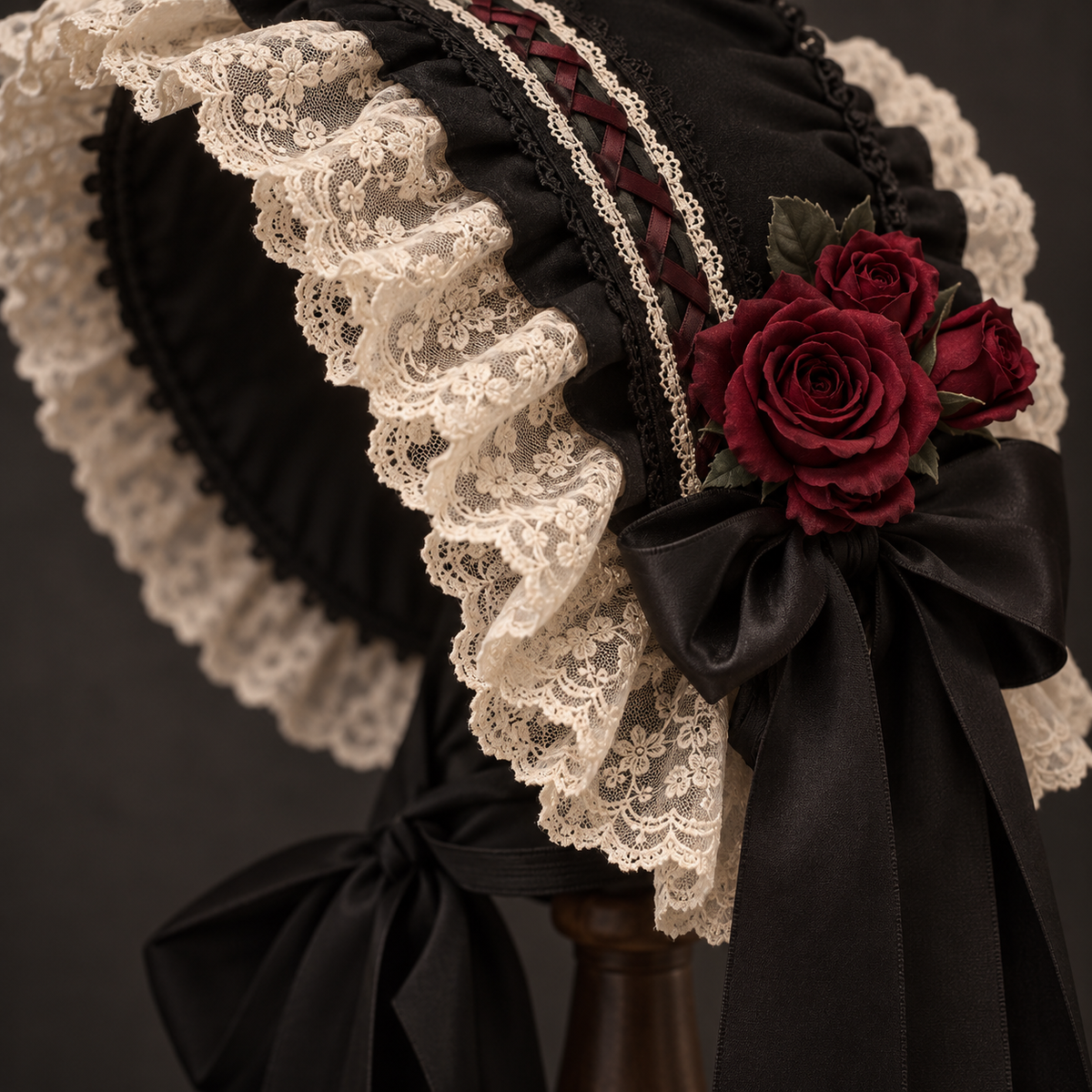 Midnight Rose Lolita bonnet lace and rose detail