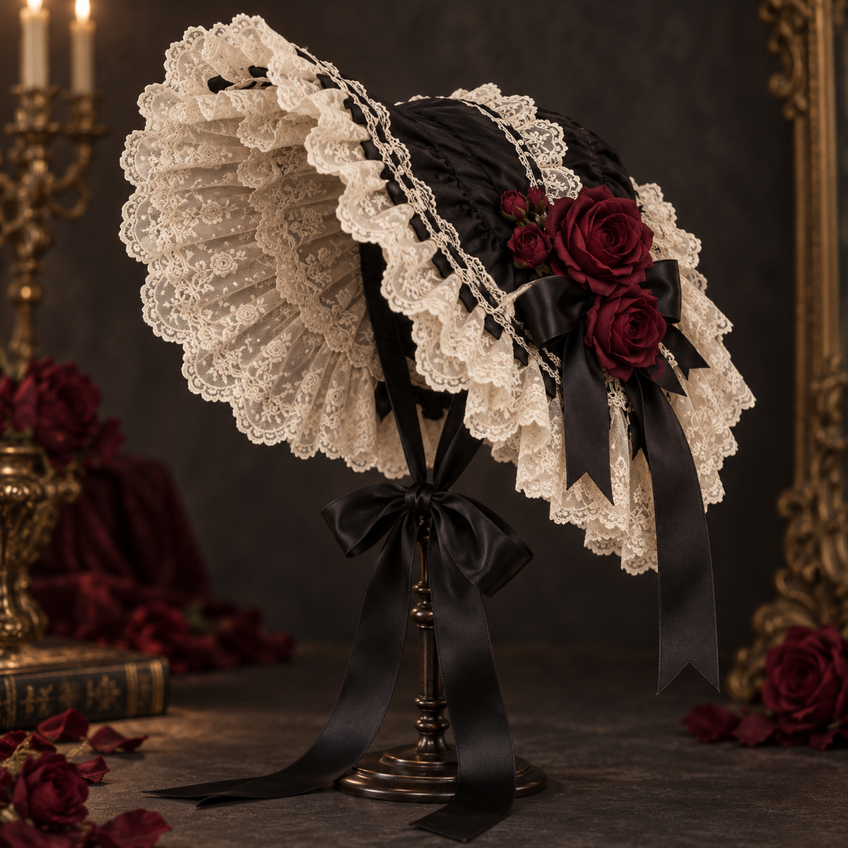 Midnight Rose Lolita bonnet, full product view