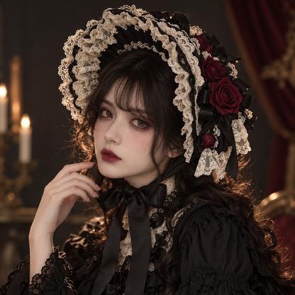 Midnight Rose Lolita bonnet styled with gothic fashion