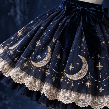 Moonlit Observatory skirt celestial pattern and lace hem detail