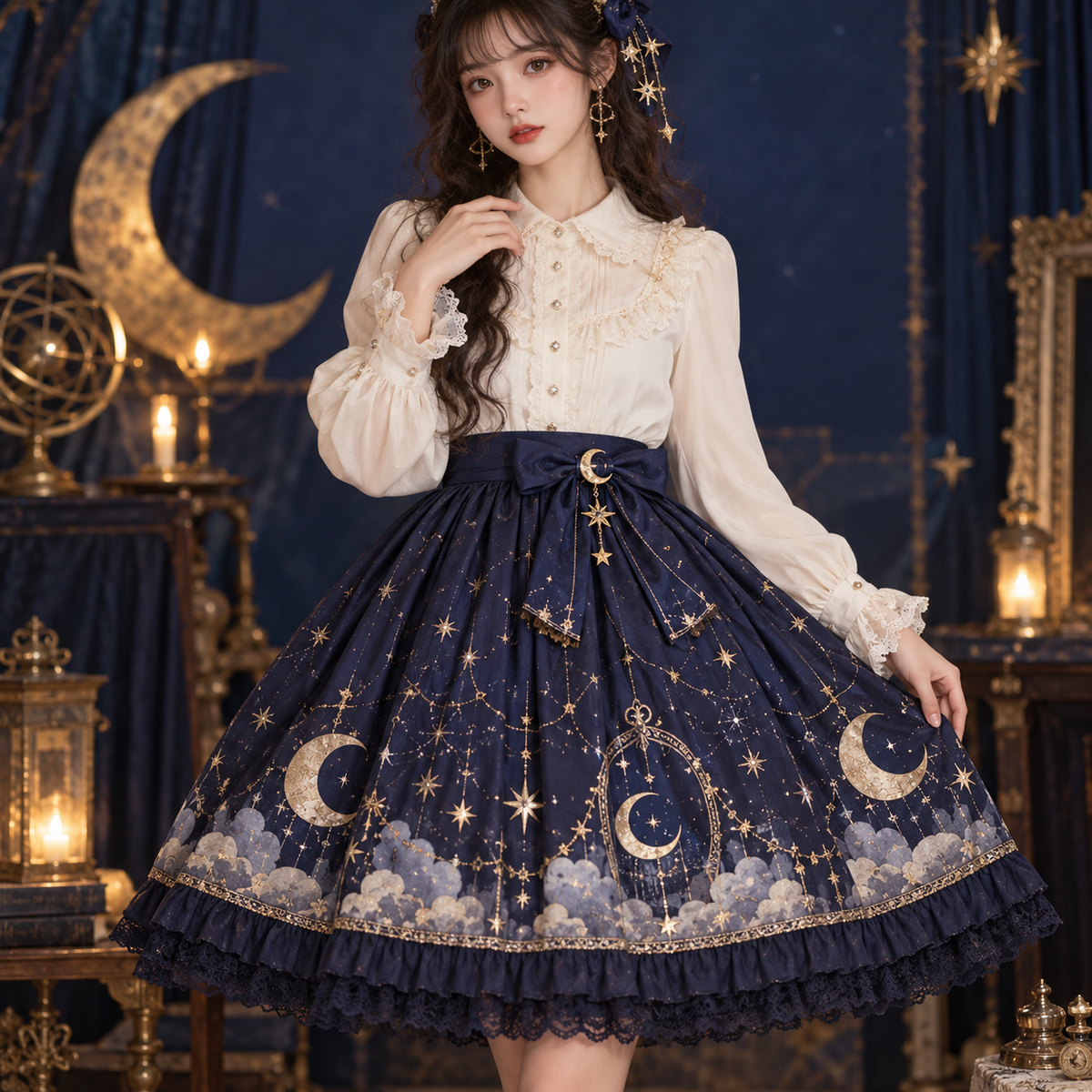 Moonlit Observatory Lolita skirt styled with ivory blouse