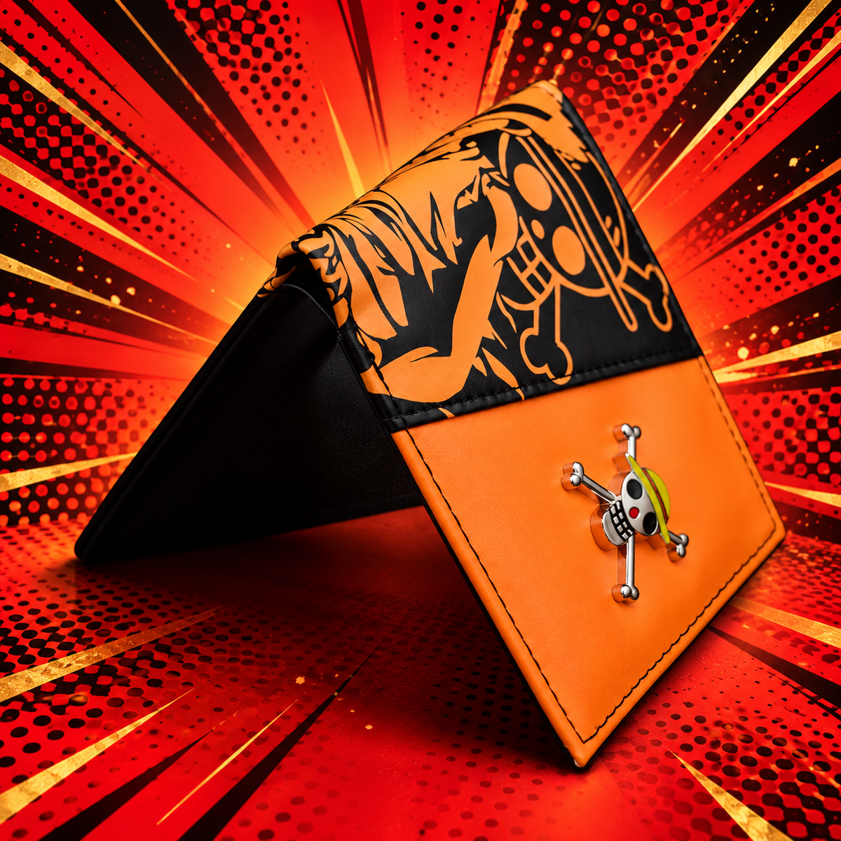 Folded Mugiwara Pirates Anime Wallet in anime pop-art scene
