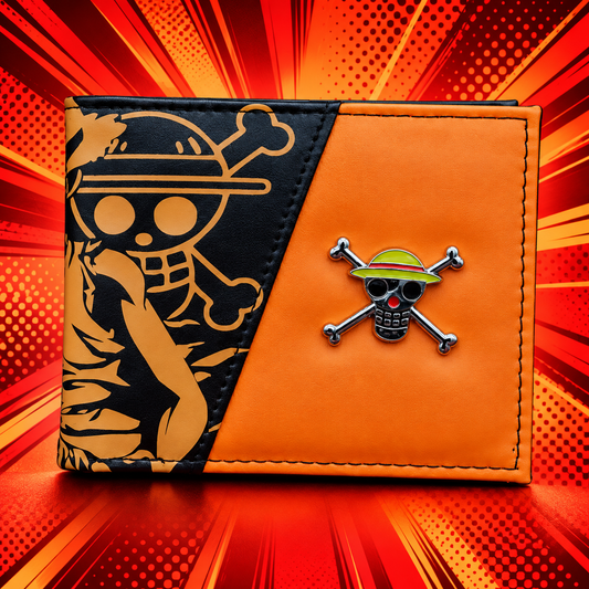 Mugiwara Pirates Anime Wallet front in orange and black against anime pop-art rays