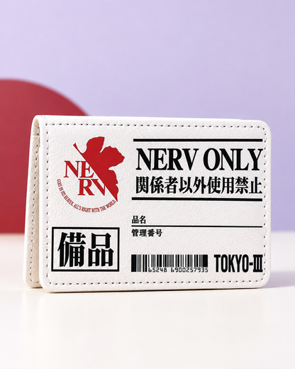 White NERV Evangelion card holder, front view