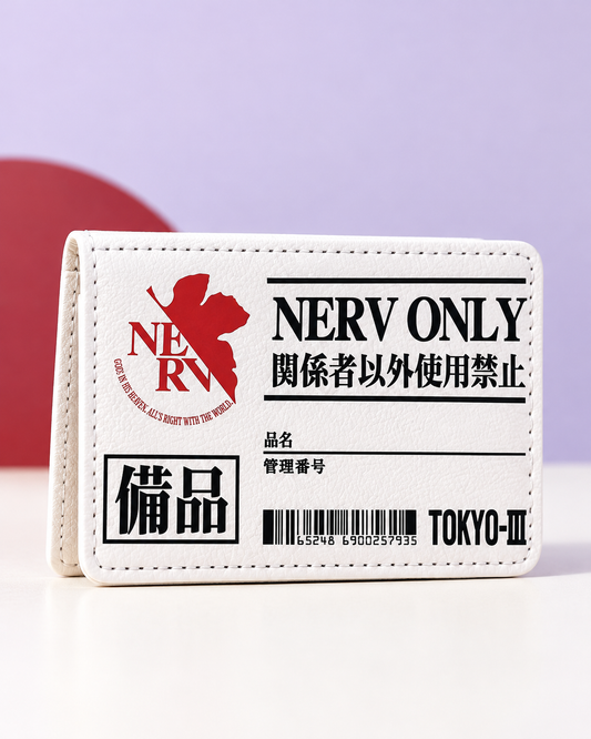 White NERV Evangelion card holder, front view