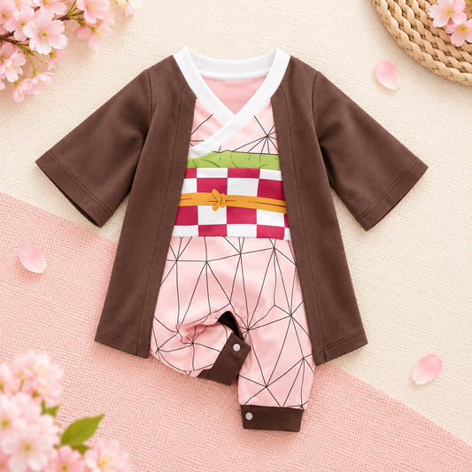 Nezuko baby onesie in blush flat lay