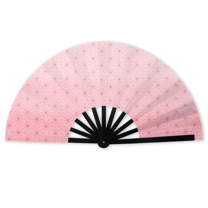 Pale pink folding fan with geometric Nezuko-inspired pattern