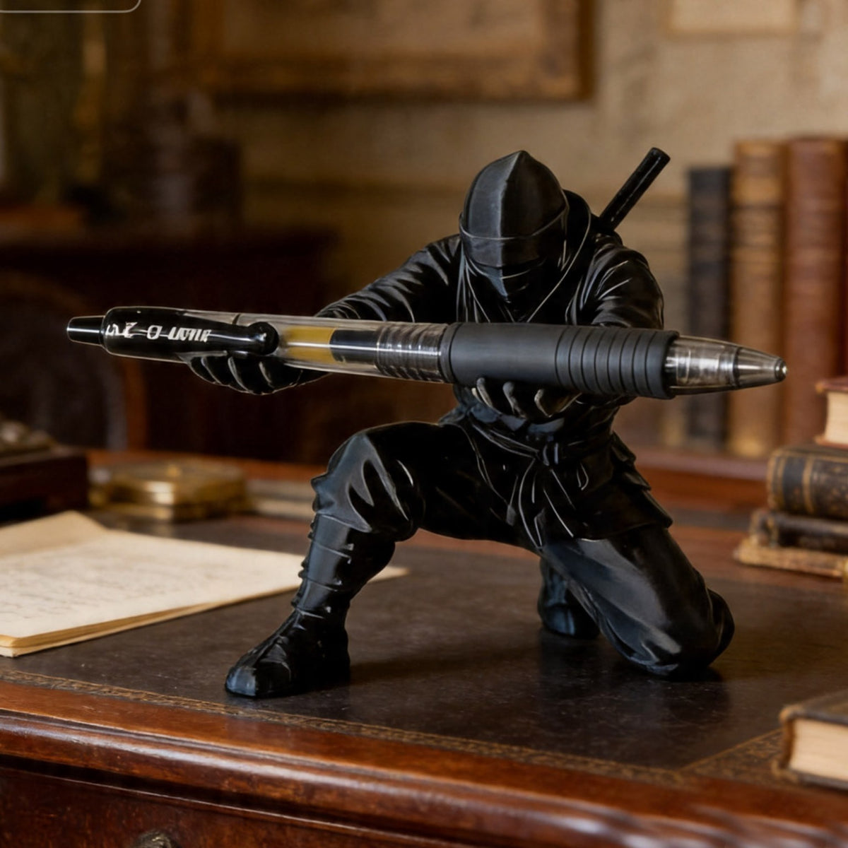 Close-up of the black ninja figure holding a pen across both hands