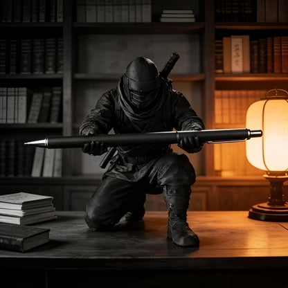 Black ninja pen holder figure presenting a pen in a warm, lantern-lit library