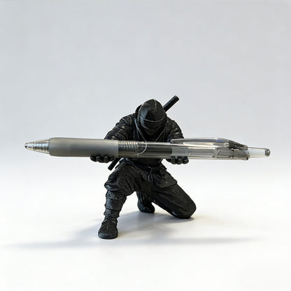 Dramatic black-and-white scene of the ninja figure holding a pen