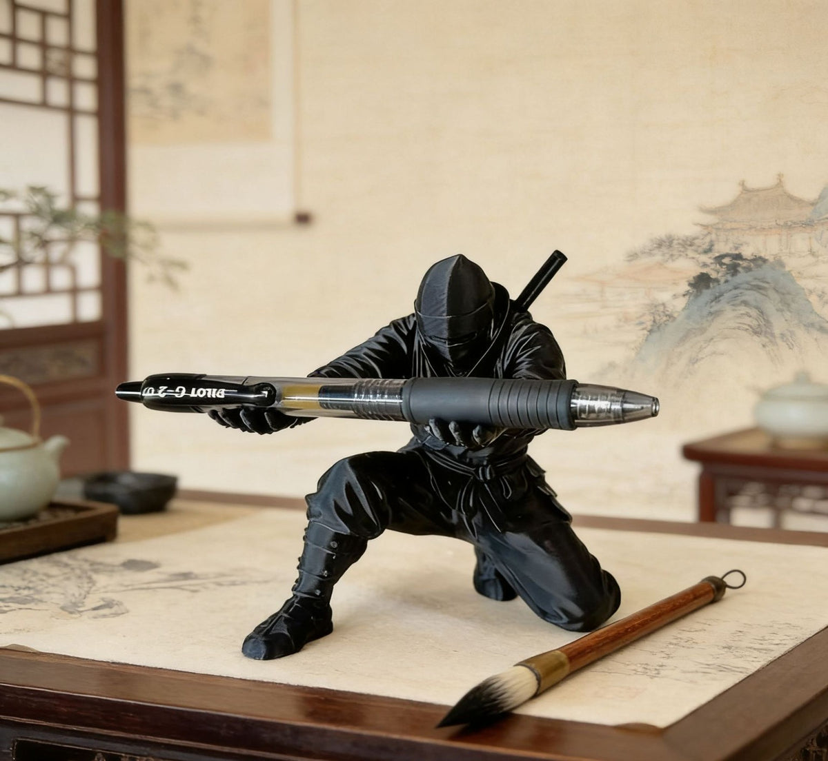 Ninja pen holder figure kneeling on a wooden desk in a study