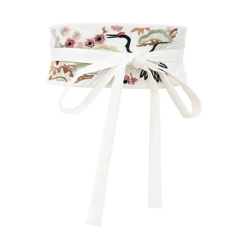 Crane Embroidery White Obi