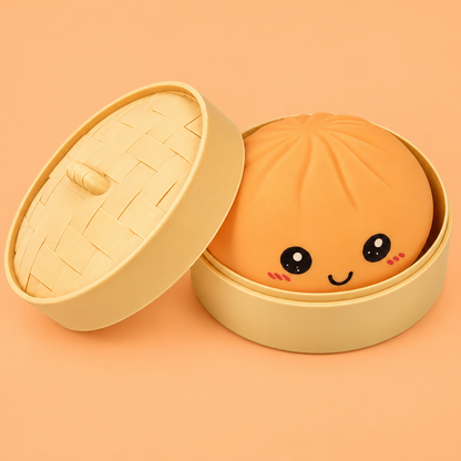 Orange Pastel Dumpling Squishy in its case on a plain peach orange pastel background