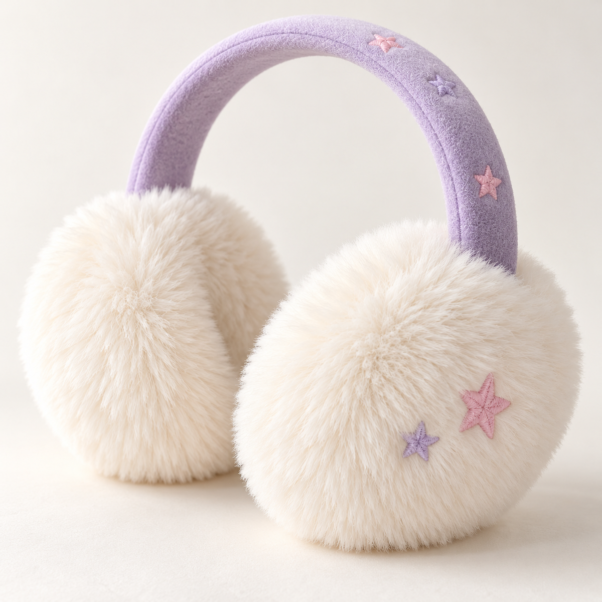 Close-up of plush cream and lilac pastel star earmuffs