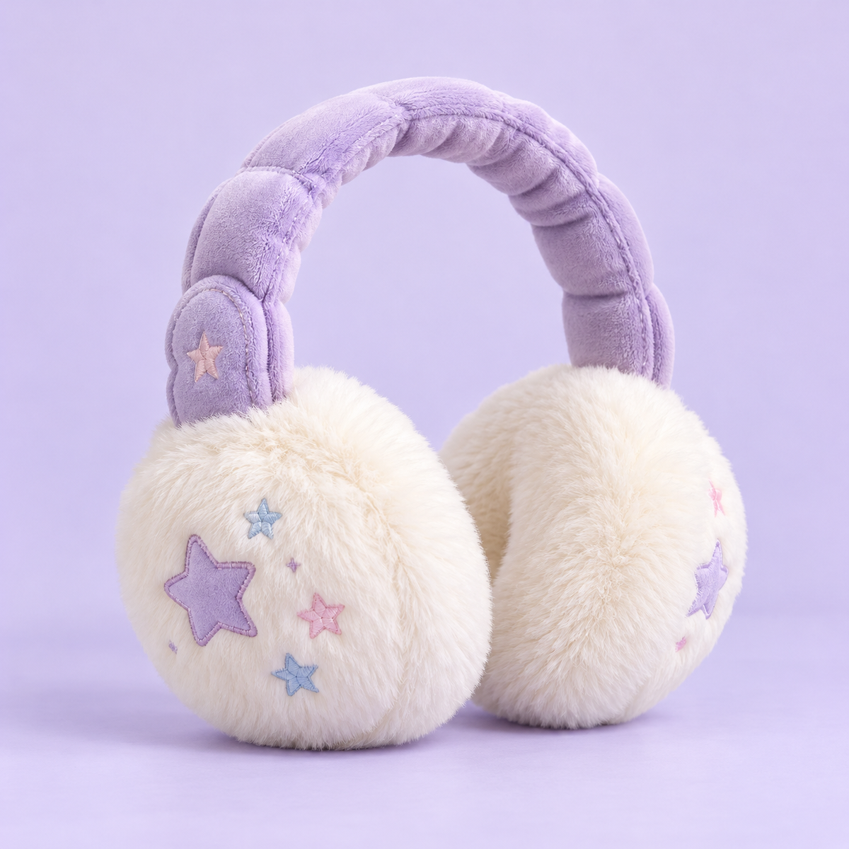 Cream plush Harajuku earmuffs with lilac band and pastel embroidered stars