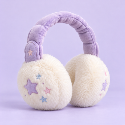 Cream plush Harajuku earmuffs with lilac band and pastel embroidered stars