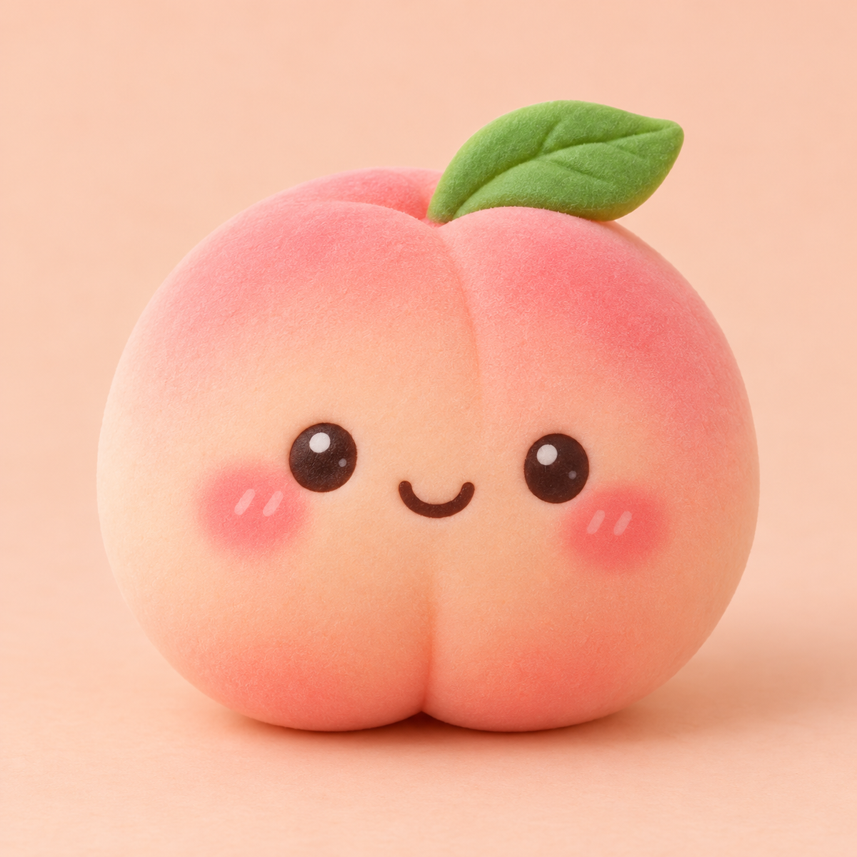 Peach-shaped kawaii squishy toy with a smiling face on a soft peach background