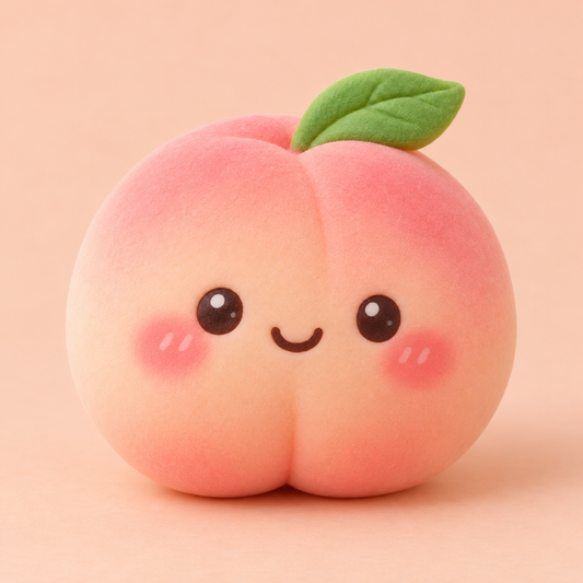 Peach-shaped kawaii squishy toy with a smiling face on a soft peach background