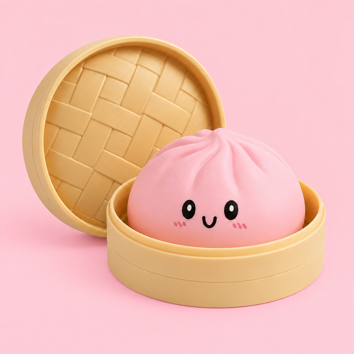 Pink Pastel Dumpling Squishy in its case on a plain blush pink pastel background