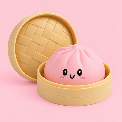 Pink Pastel Dumpling Squishy in its case on a plain blush pink pastel background