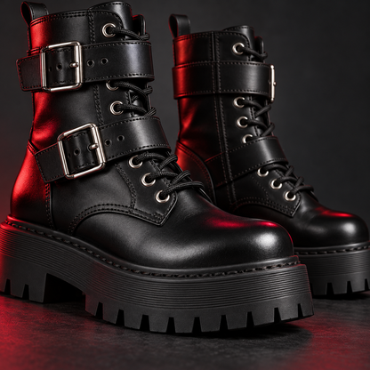 Close-up of platform boot buckles, laces, stitching and ridged sole
