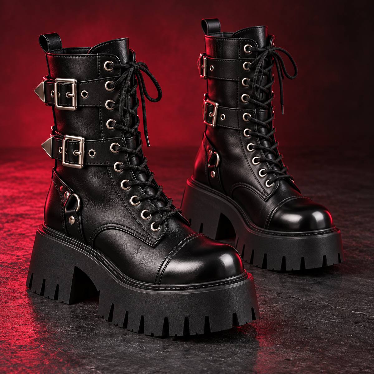 Black platform combat boots with laces and silver buckle straps