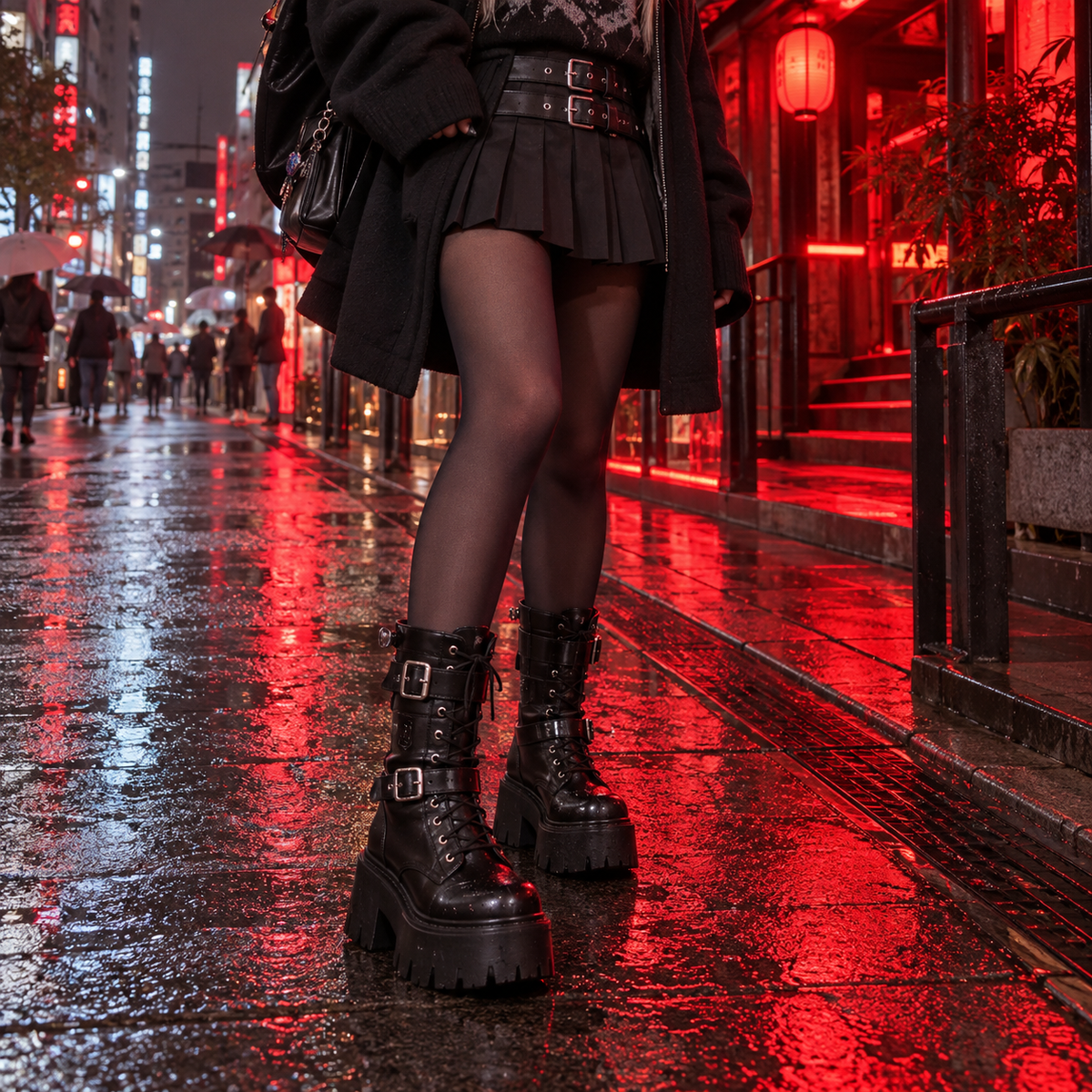 Platform combat boots styled with dark Gyaru streetwear on a rainy Tokyo street