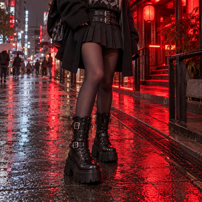 Platform combat boots styled with dark Gyaru streetwear on a rainy Tokyo street