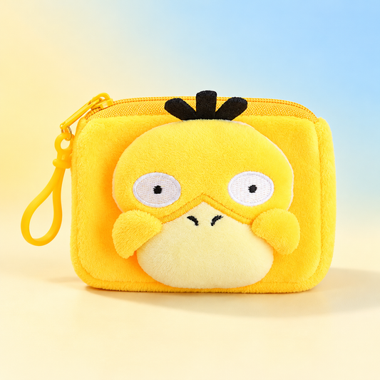 Psyduck plush wallet front view with its yellow pouch, face applique and wrist strap