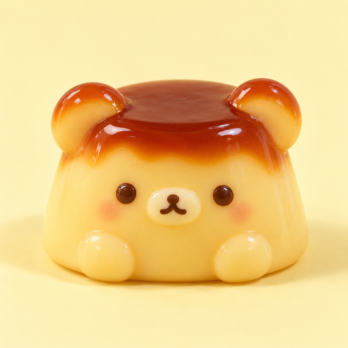 Kawaii caramel pudding bear squishy toy on a pale yellow background