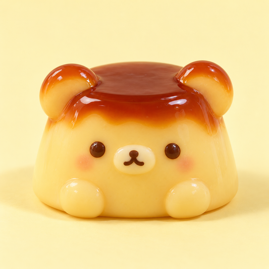 Kawaii caramel pudding bear squishy toy on a pale yellow background