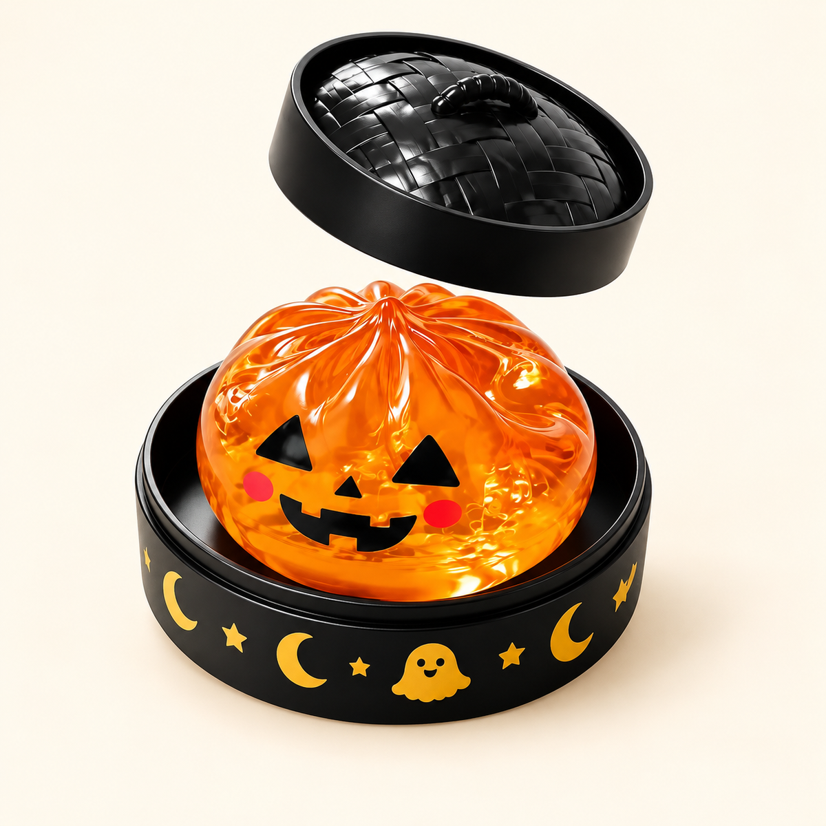Pumpkin Halloween Dumpling Squishy with lid on ivory background
