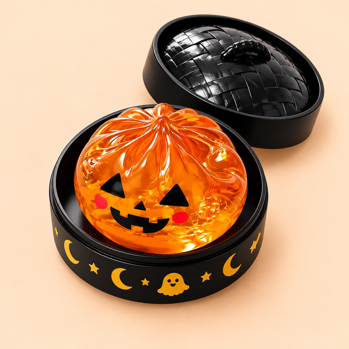 Pumpkin Halloween Dumpling Squishy with open case on apricot background