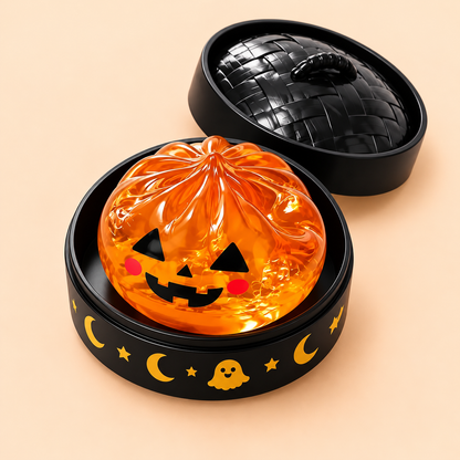 Pumpkin Halloween Dumpling Squishy with open case on apricot background