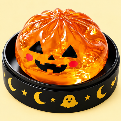 Close-up of pumpkin squishy face and decorated black case