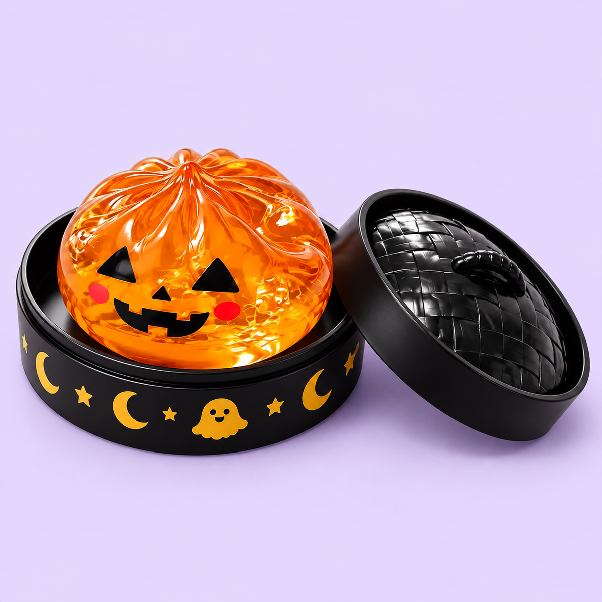 Pumpkin Halloween Dumpling Squishy with lid on pale lavender background