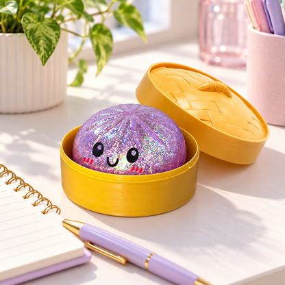 Purple glitter dumpling squishy styled beside a notebook on a desk