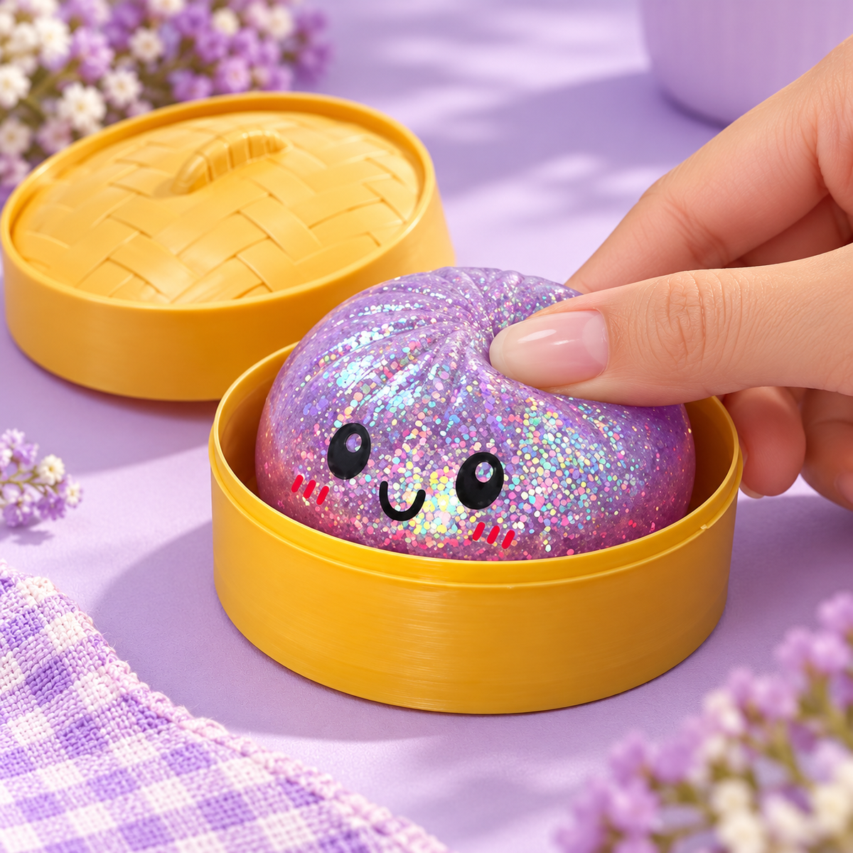 Hand gently squeezing the purple glitter dumpling squishy in its gold case