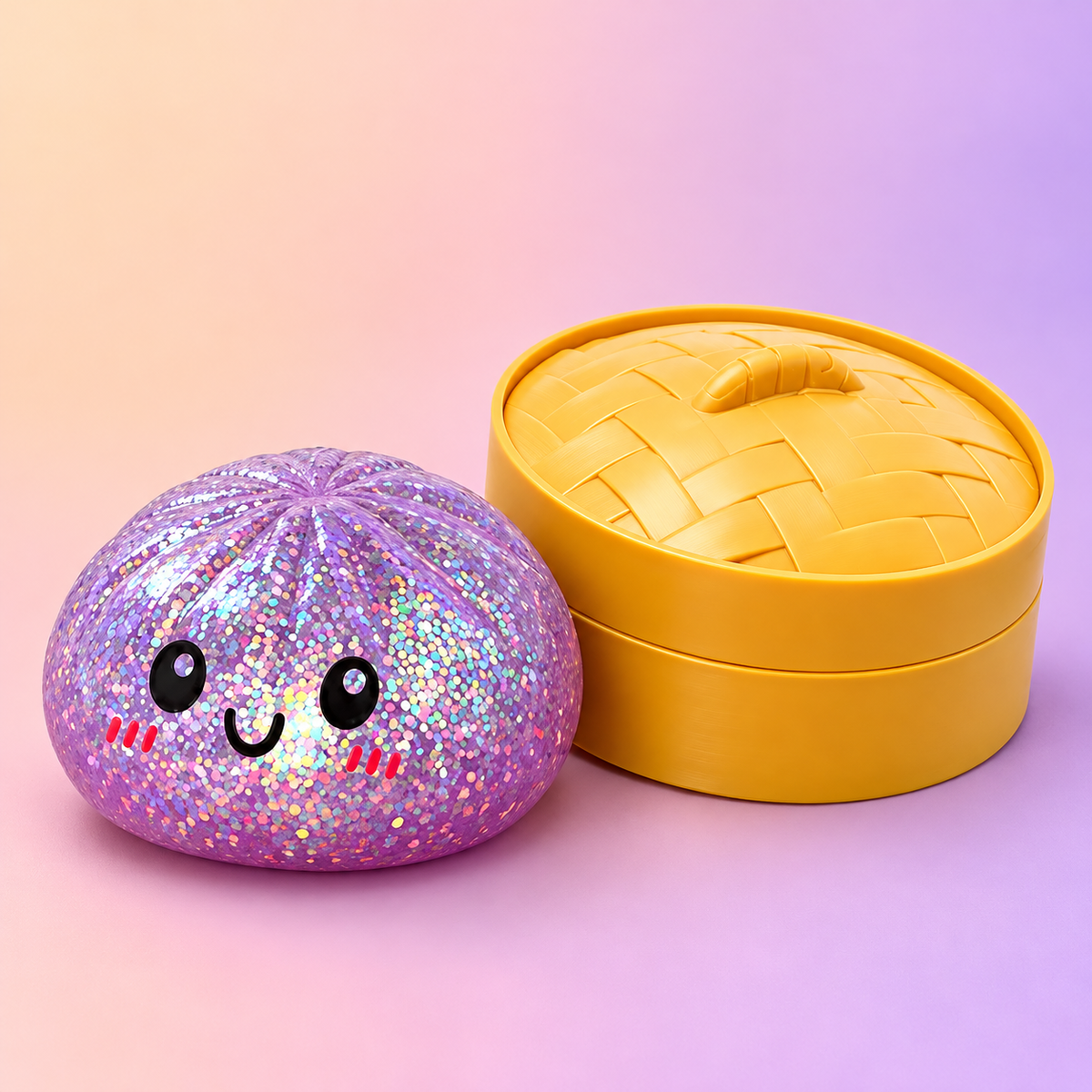 Purple glitter dumpling squishy outside its gold case on a pastel gradient background