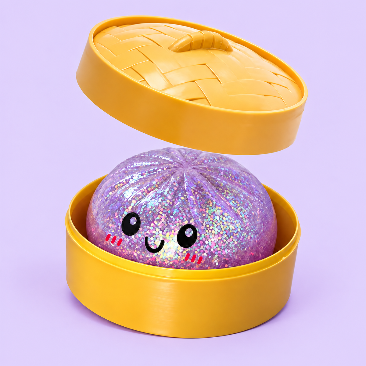 Purple glitter dumpling squishy in golden case on plain pale lavender pastel background