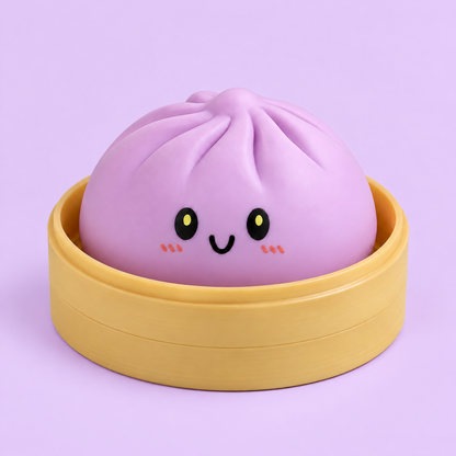 Purple Pastel Dumpling Squishy in its case on a plain pale lavender pastel background