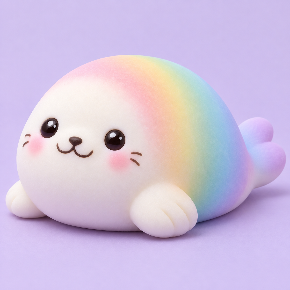 Pastel rainbow seal kawaii squishy toy on lavender background