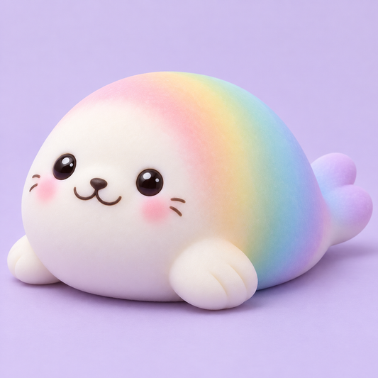 Pastel rainbow seal kawaii squishy toy on lavender background