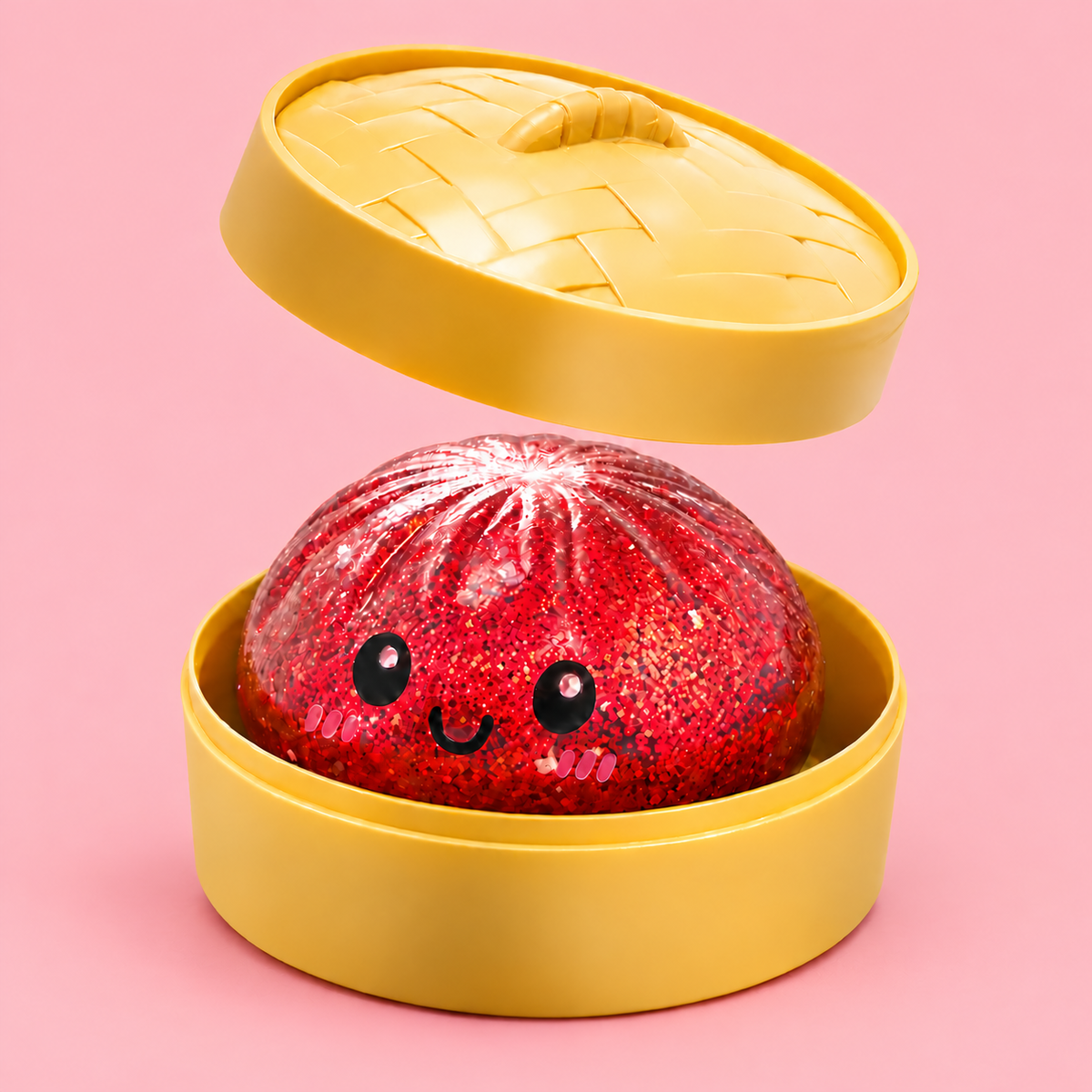 Red Glitter Dumpling Squishy in its case on a plain rose red pastel background